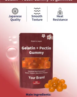 Made-in-Japan Gelatin and Pectin Gummy formulation showing improved heat resistance, smooth and elastic chewy texture, starchless production, dome-shaped gummy format, and flexible functional ingredient options for OEM and private label supplement brands.