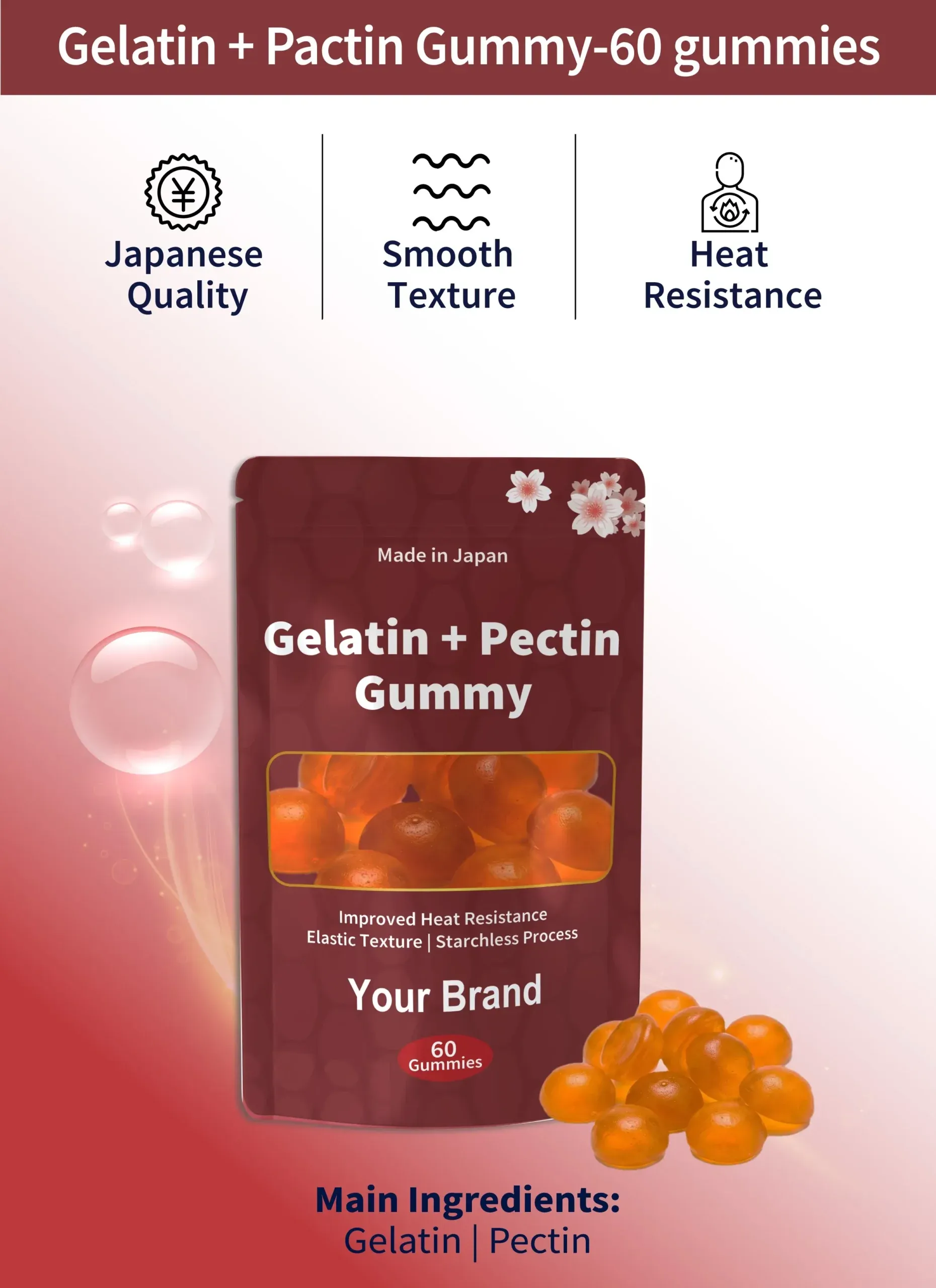 Gelatin + Pectin Gummy | Improved Heat Resistance | OEM & Private Label Made-in-Japan Gelatin and Pectin Gummy formulation showing improved heat resistance, smooth and elastic chewy texture, starchless production, dome-shaped gummy format, and flexible functional ingredient options for OEM and private label supplement brands.