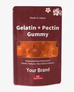 Made-in-Japan Gelatin and Pectin Gummy for OEM and private label brands, featuring improved heat resistance, elastic chewy texture, starchless manufacturing, dome-shaped gummy format, and flexible functional ingredient, flavour and colour options for international markets.