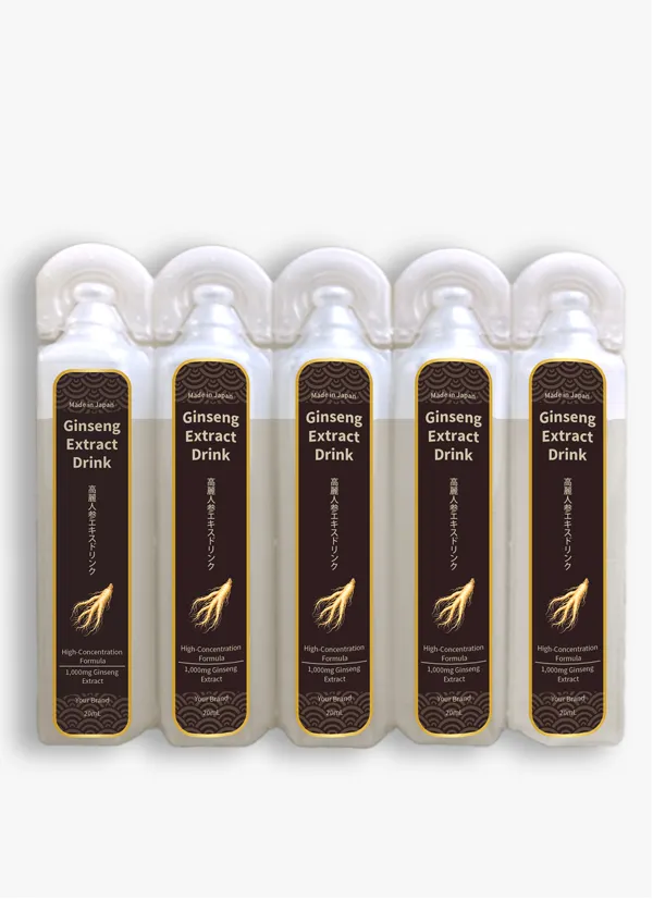 1,000mg Ginseng Extract Drink 20mL | Made in Japan Made-in-Japan 20mL Concentrated Ginseng Extract Drink bottle containing 1,000mg Nagaoka Ginseng Extract equivalent to 5,000mg of ginseng, with Korean ginseng, Cordyceps sinensis, jujube, bird’s nest, chili pepper and saffron extracts for premium energy, vitality and traditional Asian wellness positioning, available for OEM and private label development.