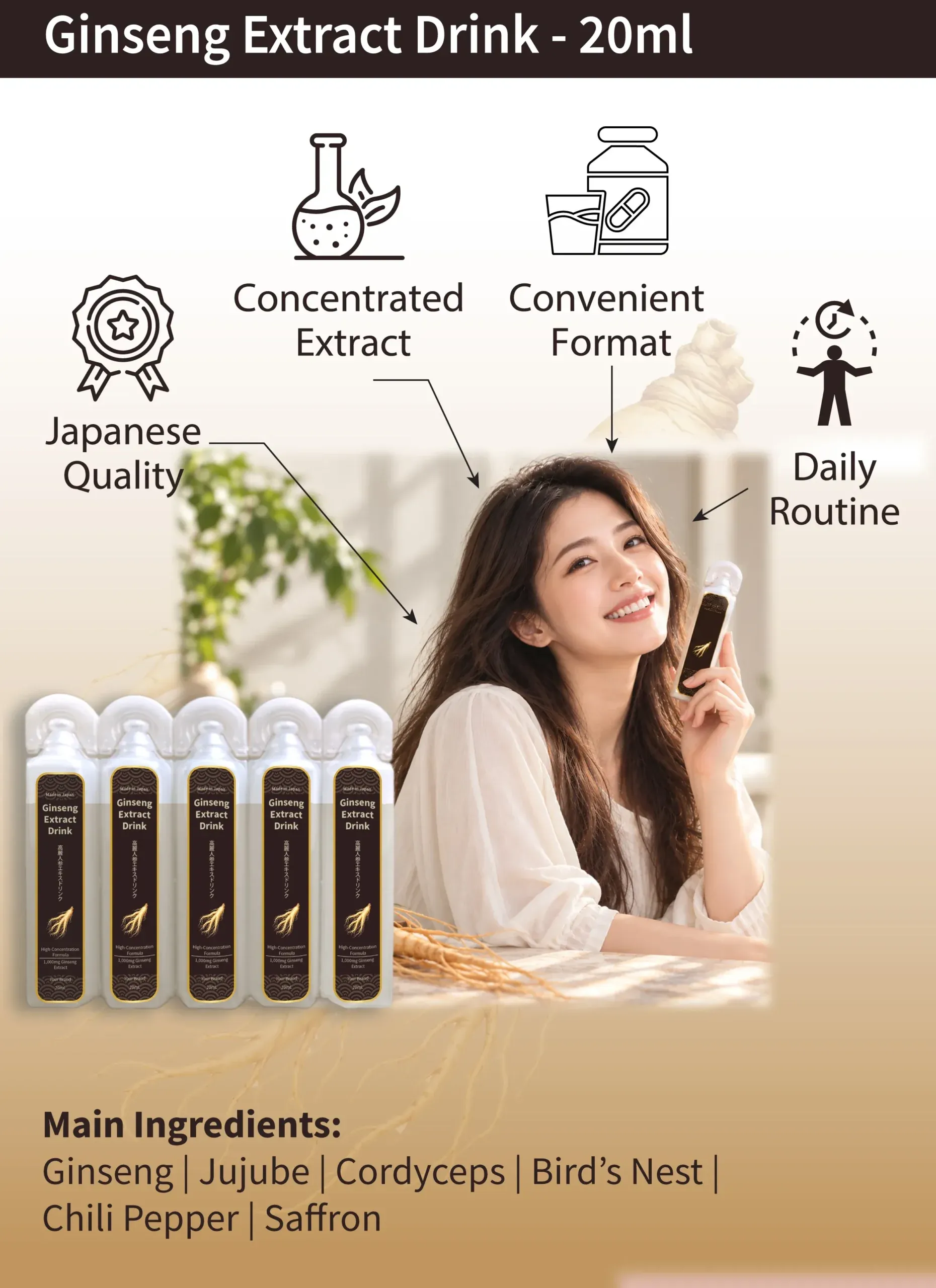 Concentrated Ginseng Extract Drink 20mL x 5 | Made in Japan | OEM Private Label Made-in-Japan Concentrated Ginseng Extract Drink 20mL x 5 bottle gift set featuring 1,000mg Nagaoka Ginseng Extract per bottle, equivalent to 5,000mg of ginseng, with Korean ginseng, Cordyceps sinensis, jujube, bird’s nest, chili pepper and saffron extracts, designed for premium energy, vitality, traditional Asian wellness, travel retail, gifting, OEM and private label supplement development.