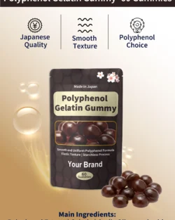 Made-in-Japan Polyphenol Gelatin Gummy supplement for OEM and private label brands, featuring a smooth and uniform gelatin gummy texture, starchless manufacturing process, dome-shaped gummy format, flexible polyphenol formulation, tea catechin and botanical polyphenol options, and functional nutrition positioning.