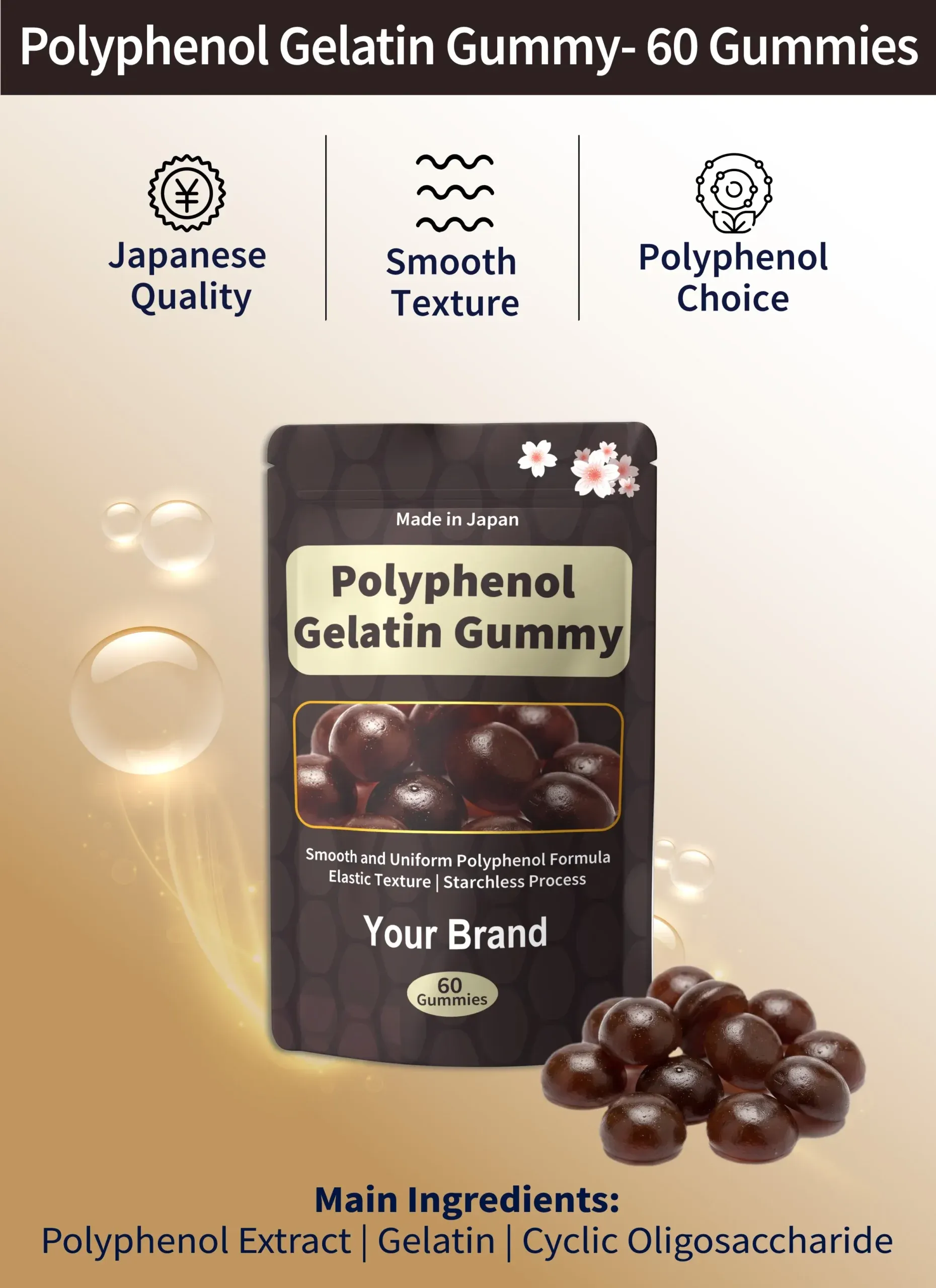 Polyphenol-Gelatin-Gummy Made-in-Japan Polyphenol Gelatin Gummy supplement for OEM and private label brands, featuring a smooth and uniform gelatin gummy texture, starchless manufacturing process, dome-shaped gummy format, flexible polyphenol formulation, tea catechin and botanical polyphenol options, and functional nutrition positioning.