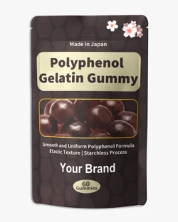 Made-in-Japan Polyphenol Gelatin Gummy supplement featuring a smooth and uniform texture, chewy gelatin formulation, starchless manufacturing process, and flexible polyphenol ingredient options for OEM and private label brands.