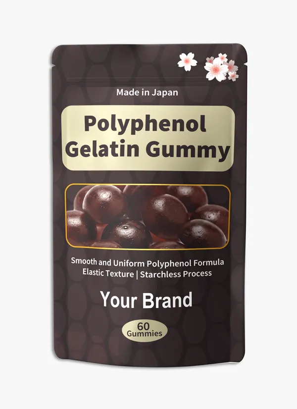 Poyphenol-Gelatin-Gummy Made-in-Japan Polyphenol Gelatin Gummy supplement featuring a smooth and uniform texture, chewy gelatin formulation, starchless manufacturing process, and flexible polyphenol ingredient options for OEM and private label brands.